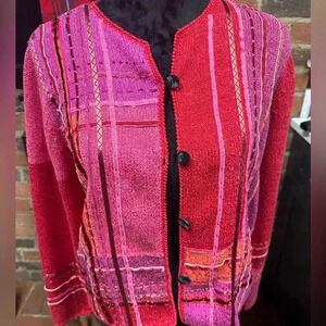 Sigrid Olsen Sport Vintage Cardigan Ribbon beading Y2K Art to wear Medium